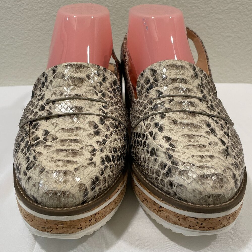 SCHUTZ Brazil Snakeskin Slingback Wedge Penny Loafers, Cream/Brown - 10